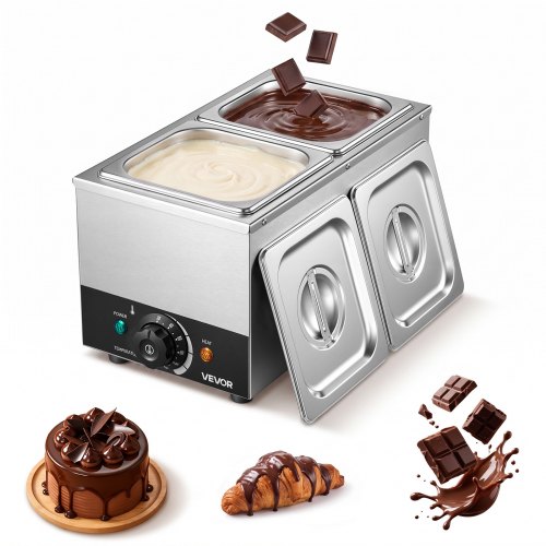 VEVOR Schokoladenschmelzmaschine 2 Abnehmbare Behälter Edelstahl 800 W, für Bäckereien, Konditoreien und Restaurants, mit Temperaturregelung 30–85 ℃, Trockenlaufschutz, Schokoladentempiermaschine