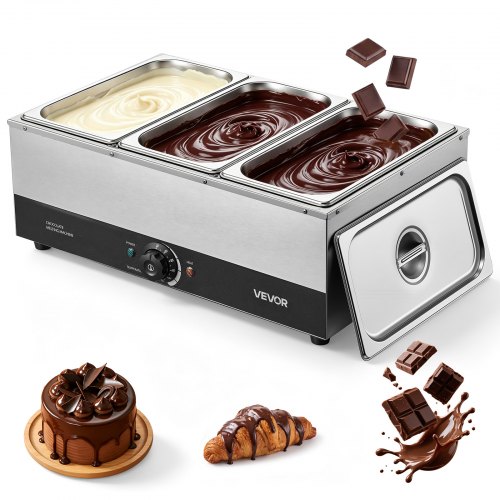 VEVOR Schokoladenschmelzmaschine 3 Abnehmbare Behälter Edelstahl 1,2 kW, für Bäckereien, Konditoreien und Restaurants, mit Temperaturregelung 30–85 ℃, Trockenlaufschutz, Schokoladentempiermaschine