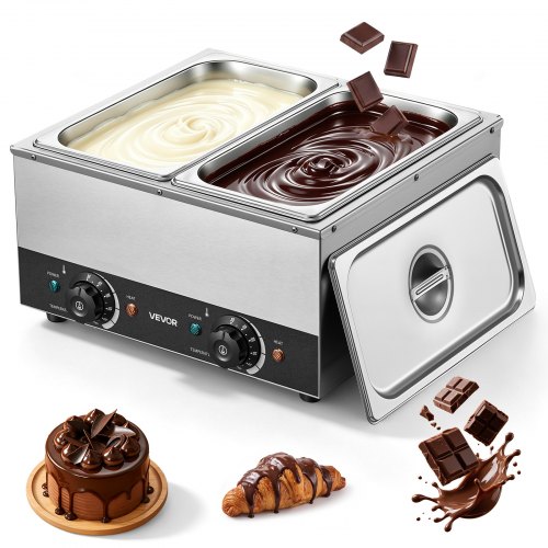 VEVOR Schokoladenschmelzmaschine 2 Abnehmbare Behälter Edelstahl 800+800 W, für Bäckereien, Restaurants, Separate Temperaturregelung je Behälter, 30–85 °C Trockenlaufschutz, Schokoladentempiermaschine