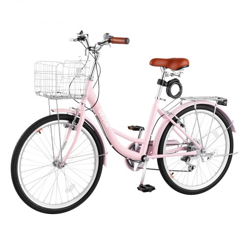 VEVOR Damenfahrrad 24 Zoll Cruiser-Fahrrad 150 kg 7-Gang Citybike Pink, für Pendelfahrten Besorgungen und Strandfahrten, mit Doppelten V-Bremsen, 50 kg Gepäckträger, Schutzblechen und Handschuhen
