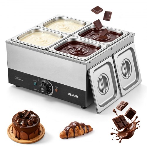 VEVOR Schokoladenschmelzmaschine 4 Abnehmbare Behälter Edelstahl 1,2 kW, für Bäckereien, Konditoreien und Restaurants, mit Temperaturregelung 30–85 ℃, Trockenlaufschutz, Schokoladentempiermaschine