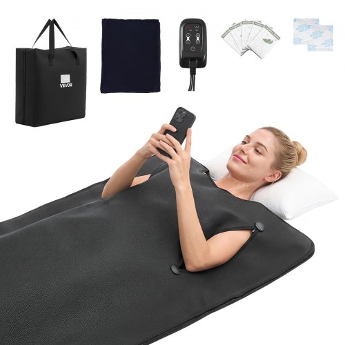VEVOR Infrarot-Saunadecke mit Armlöchern Infrarotdecke 180x90cm Schwarz, Tragbare Wärmedecke für Schwitzen Entspannung Detox, Temperaturregelung, Timer, Handtuchfutter, PU-Leder, mit Tragetasche