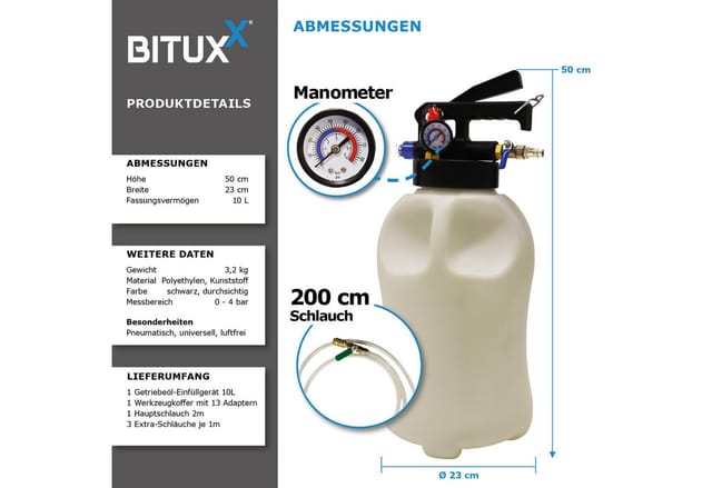 Bituxx Universal Getriebeöl Einfüllgerät Pumpe Öleinfüllgerät Öl Befüllgerät Getriebeölpumpe Ölfüllgerät Druckluft Pneumatisch 10L