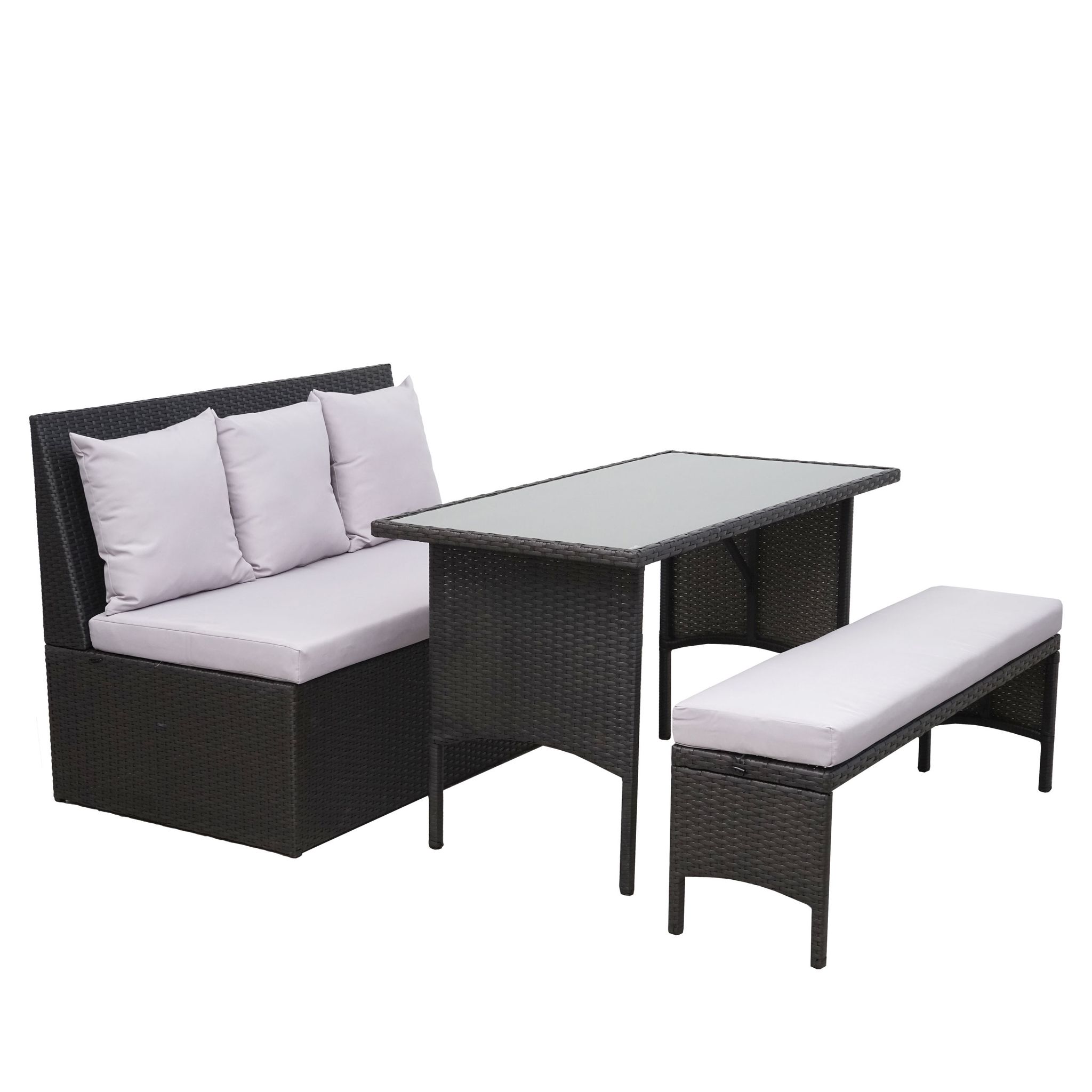 Poly-rattan Garnitur Hhg-860, Garten-/lounge-set Sitzgruppe, Gastronomie 2er Sofa Tisch Bank Schwarz, Kissen Hellgrau