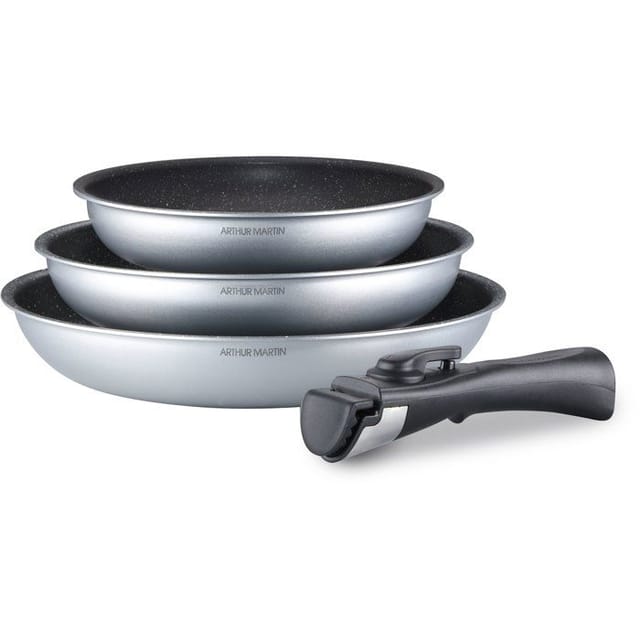 Set Aus 3 Pfannen - Für Alle Herdarten Einschließlich Induktion - 20-24-28 Cm Arthur Martin - Am521s - Aluminium - Antihaftbeschichtet - Abnehmbare Griffe