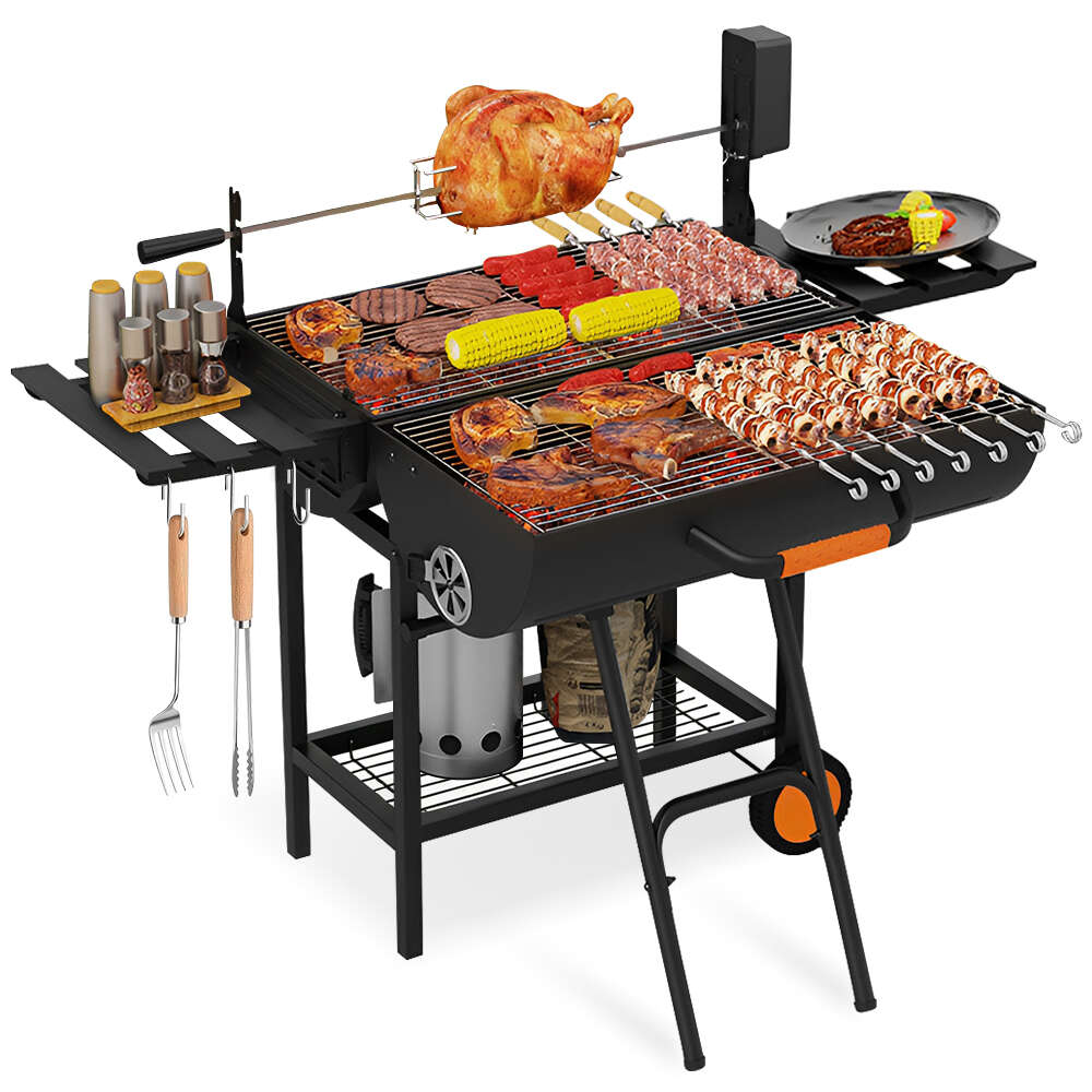 Tragbarer Holzkohlegrill Mit Deckel, 3-in-1-grillwagen Mit Hähnchenrost, Für Camping, Garten, Balkon