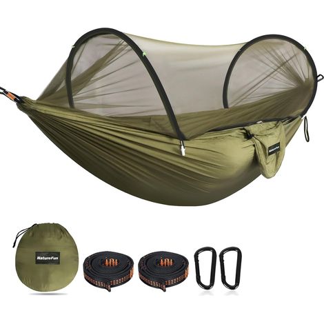 Ultraleichte Campinghängematte Mit Integriertem Moskitonetz. Maximale Belastung: 300 Kg. Atmungsaktives, Schnelltrocknendes Fallschirmseiden-nylon. 2 Hochwertige Karabiner, 2 Nylongurte.