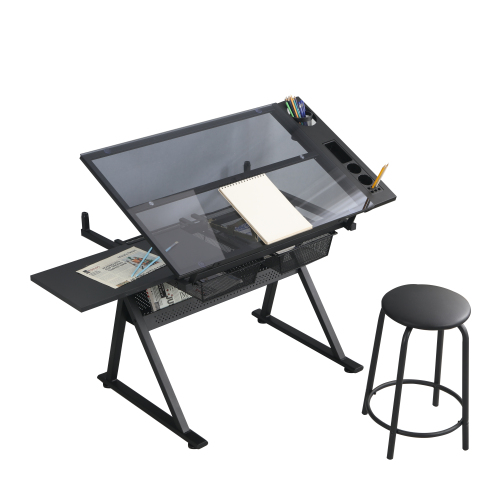 Neigbarer Zeichentisch – Architektenschreibtisch – Arbeitstisch Aus Gehärtetem Glas Mit Hocker – 98 X 60 Cm – Schwarz