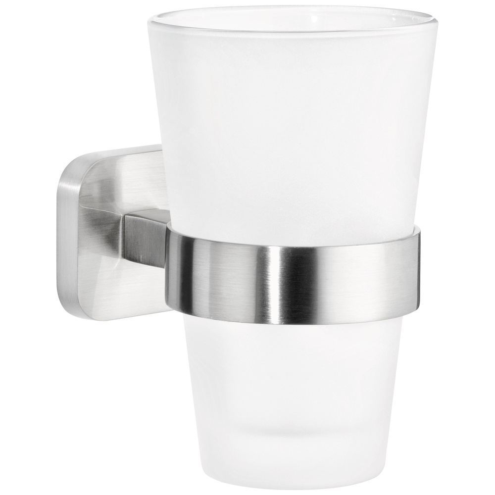 Esteetic Zahnputzbecher Mit Halterung - Becher Aus Milchglas, Verchromte Wandhalterung - Zur Wandbefestigung Ohne Bohren - 119 Mm X 79 Mm X 124 Mm - Tesa