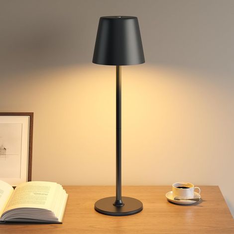 Kabellose Nachttischlampe Fürs Schlafzimmer, Nachtlicht Für Kinder Und Erwachsene, Dekorative Led-lampe, 3 Helligkeitsstufen, Ganzmetallgehäuse, Zwei Batterien, Usb-aufladbar, Schwarz [klasse
