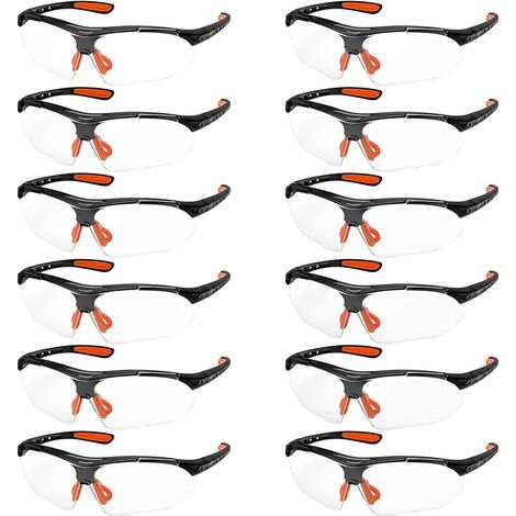 12er-pack Ce-zertifizierte, Schwarz-orangefarbene Schutzbrillen Mit Klaren Gläsern – Schutzbrillen Mit Nasenpads Aus Gummi – Kratzfeste Brillen
