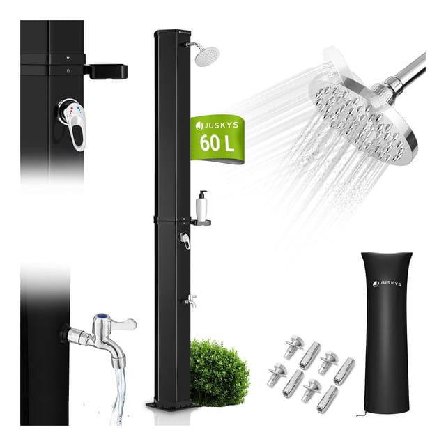 Juskys Solardusche Victoria - bis 60°C – mit schwenkbarem Duschkopf, Fußdusche & Gartenschlauch Anschluss Gartendusche Außendusche - 60 Liter - 217 cm