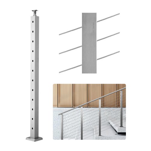 VEVOR Kabelgeländerpfosten, 107x5x5 cm Geländerpfosten, mit 30° vorgebohrten Löchern, Edelstahl mit horizontaler und gebogener Halterung, 1 Stück,
