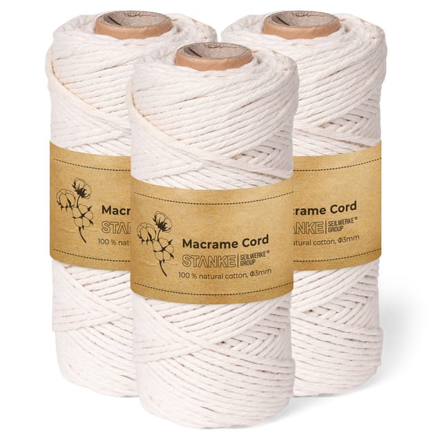 STANKE Makramee Garn 3mm Set 3x100 m - Farbe: Natur - Baumwollgarn für Boho-DIY, Körbchen, Traumfänger - Baumwollkordel für Girlanden, Untersetzer,