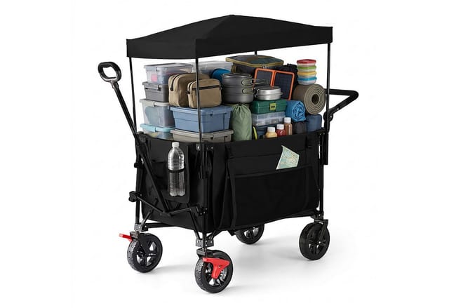 Relaxdays Bollerwagen, faltbar, 150 kg, Dach, Teleskop- & Schiebegriff, Gummireifen mit Bremse, Transportwagen, schwarz