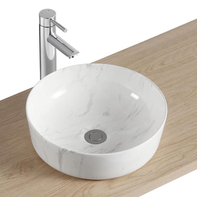 DIANE 37 cm rundes Aufsatzwaschbecken aus Keramik mit weißem Marmoreffekt