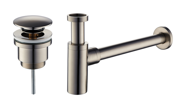 Waschbecken-Ablauf- und Siphon-Set in der Farbe gebürsteter Stahl, rundes Modell Damast KITSCA4 Nickel gebürstet
