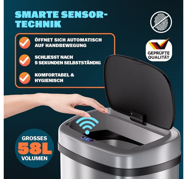 Sensor Mülleimer Küche 58 l Automatik mit Bewegungssensor Soft-Close-Deckel Wasserdicht USB-Kabel Smarter Abfalleimer Müllbehälter - Monzana