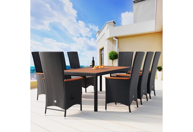 Poly Rattan Sitzgruppe Verona Premium 8 Gartenstühle Rückenlehne Neigbar 7cm Auflagen Tisch 190x90 cm Akazie Holz Set - Casaria