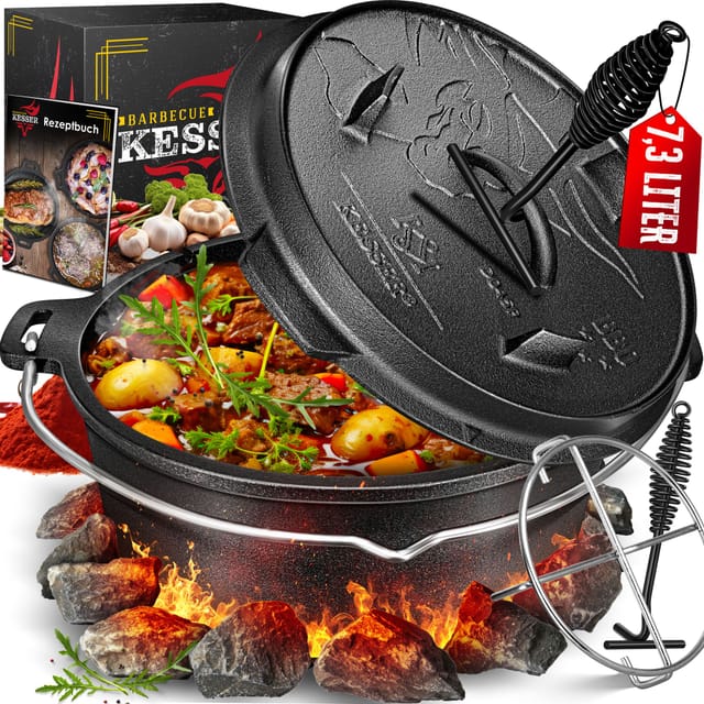 Dutch Oven Set Bbq, Schmortopf, Gusseisen Topf Mit Deckelheber Henkel Und Schlitz Für Themormeter, Grilltopf, Gulaschkessel, Do6p - 7.3 Liter / Topf Ohne Füße - Kesser