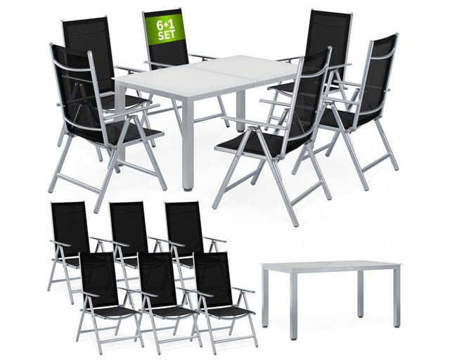 Gartenmöbel Set 6 Stühle Mit Tisch 150x90cm Aluminium Sicherheitsglas Wetterfest Klappbar Modern Terrasse Balkon Möbel Sitzgruppe Garnitur Bern Silber - Casaria