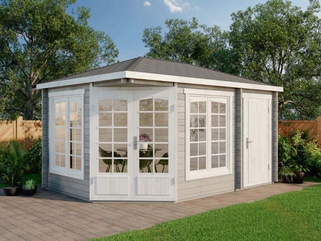 5-Eck Gartenhaus Modell Josephine-40 mit Anbau Gartenhaus aus Holz, Holzhaus mit 40 mm Wandstärke, Blockbohlenhaus mit Montagematerial - Alpholz