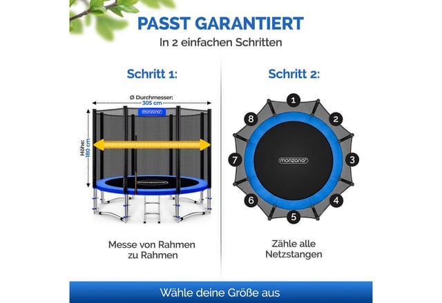 Sicherheitsnetz Trampolin ø 183/244/305/366/427 cm 6-8 Stangen UV-beständig Trampolinnetz Trampolinschutz 305 cm - Monzana