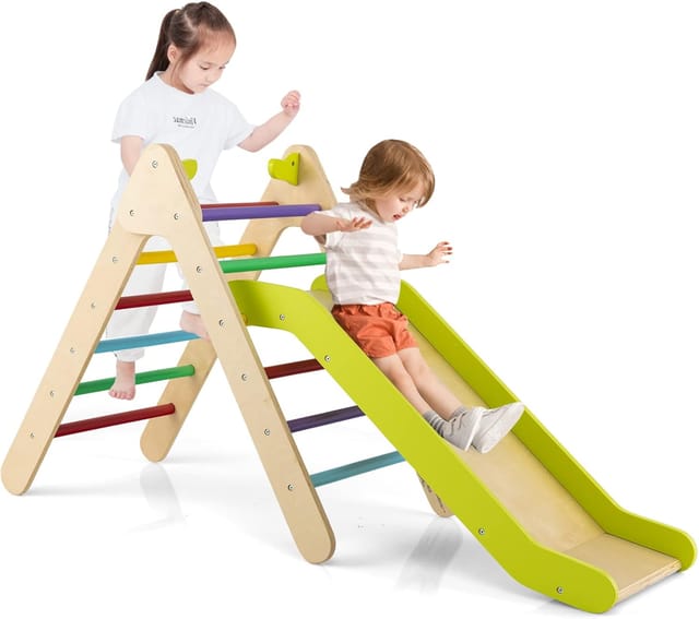 COSTWAY Kletterdreieck mit Rutsche, Klettergerüst aus Holz, Sprossendreieck zum Rutschen und Klettern, für Kleinkinder ab 1 Jahre