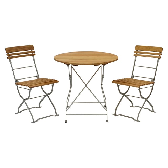 Biergarten - Garnitur MÜNCHEN 3-teilig (2x Stuhl, 1x Tisch rund 77cm), Flachstahl verzinkt + Robinie