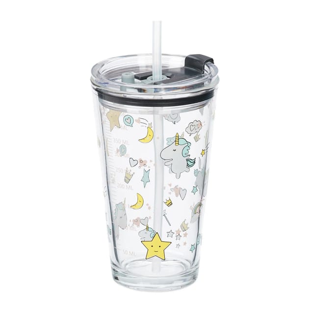 Kindergläser 4er Set, Einhorn-Motiv, Trinkglas Kinder, Deckel & Strohhalm, 450 ml Skala, Saftglas, transparent - Relaxdays