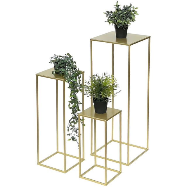 DanDiBo Blumenhocker Metall Gold Eckig 3er Set Blumenständer Beistelltisch 96406 Blumensäule Modern Pflanzenständer Pflanzenhocker