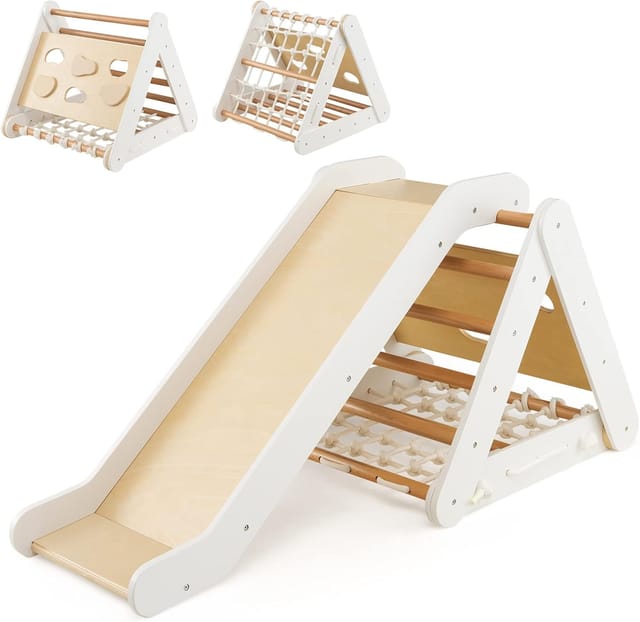 Costway - 4 in 1 Kletterdreieck mit Rutsche, Klettergerüst aus Holz, Sprossendreieck zum Rutschen und Klettern, für Kleinkinder ab 1 Jahre