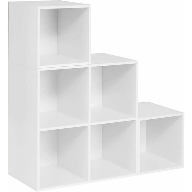 Weißes Regal für Buch Spielzeug, Bücherregal mit 6 Fächern, Schrank für Wohnzimmer Schlafzimmer, Raumteil aus Holzewerkstoff, Würfelregal Stufenregal