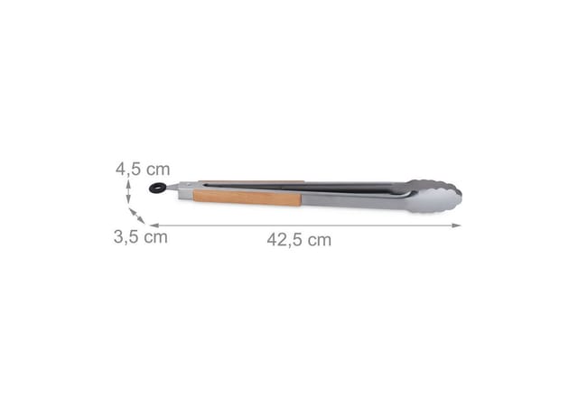 Grillzange, Edelstahl, Holzgriff, lange Kochzange für Grill & Küche, 38 cm, Küchenzange mit Öse, silber/natur - Relaxdays