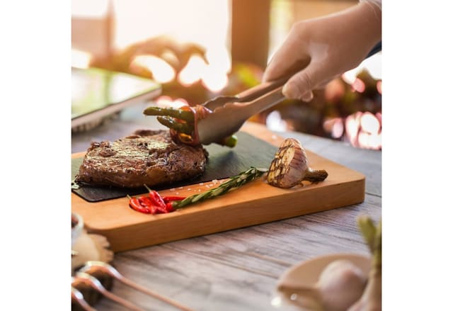 Relaxdays Grillzange, Edelstahl, Holzgriff, lange Kochzange für Grill & Küche, 38 cm, Bratzange mit Öse, silber/schwarz