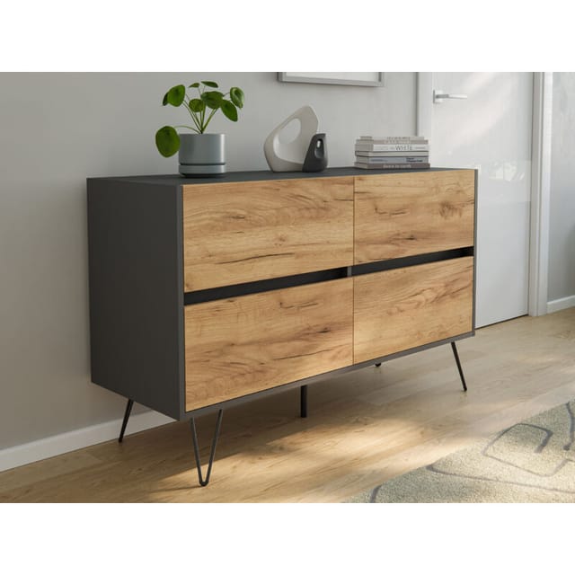 Raumwunder Kommode Dion 120cm Greifraum 4 SoftClose Grafit/Eiche Front