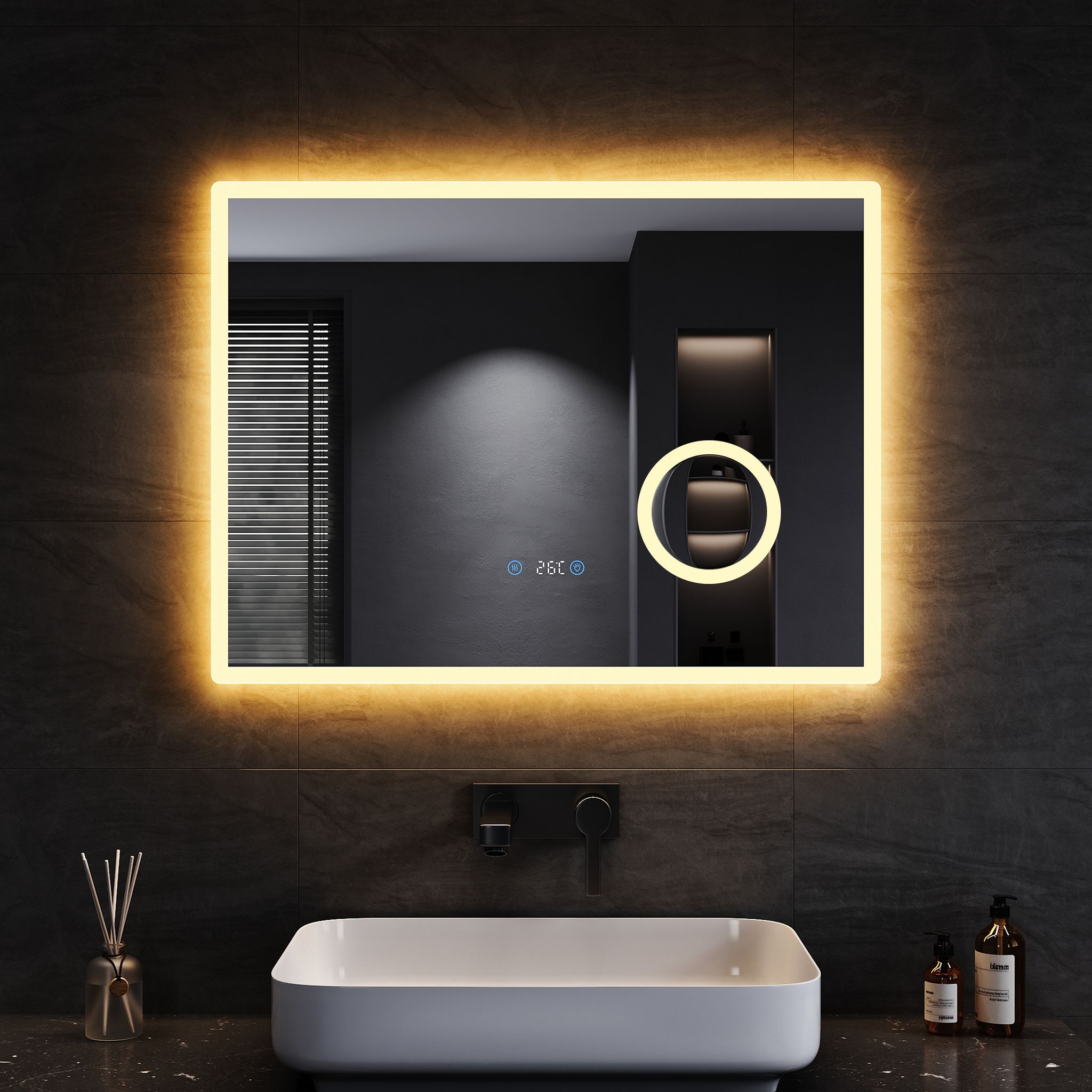 Badspiegel Mit Beleuchtung 3 Einstellbare Lichtfarbe, Anti-beschlag Led Badspiegel Lichtspiegel Wandspiegel Mit Touchschalter, Uhr, Temperatur, 80x60cm - Sonni