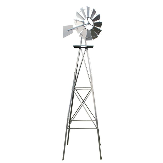 Wiltec Windrad mit 245 cm Höhe, Windmühle in Silberfarben, Windspiel im US-Design, Gartendeko mit kugelgelagertem Texasrad, Rankhilfe für Garten