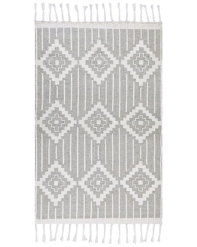 Teppich Grau und Weiß Kunststoff 140 x 200 cm Outdoor u. Indoor Matte Modern mit Muster Rechteckig Kurzflor Gartenaccessoires Balkon Wohnzimmer