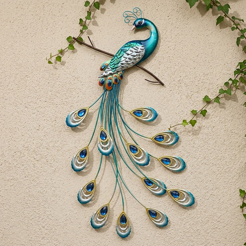 Wanddekor Außen Wandbild Wohnzimmer Pfau Metallfedern Bunt Eisen H 73 Cm