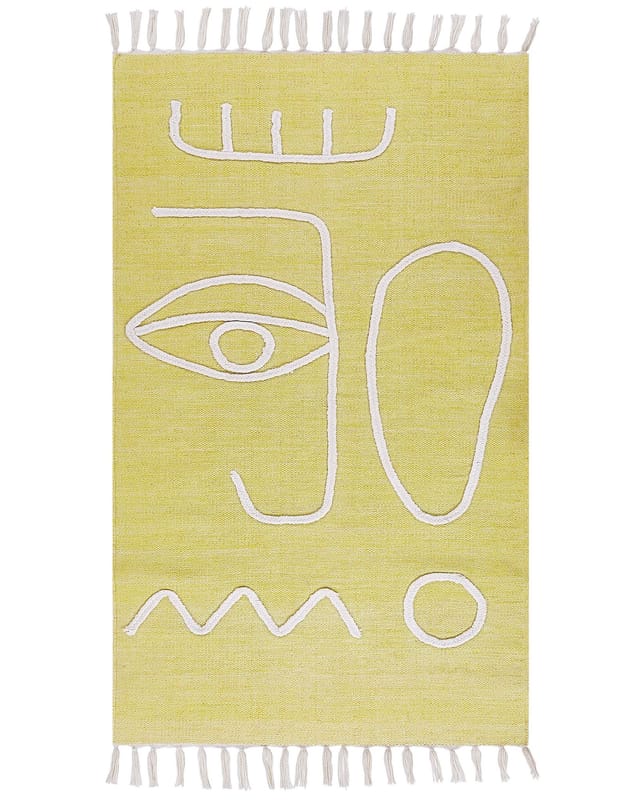 Teppich Gelb aus Polyester 80 x 150 cm Rechteckig Handgewebt Abstraktes Muster mit Fransen Boho für Innen und Außen Garten Terrasse Balkon