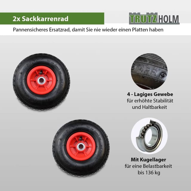 Baumarktplus - 2x Sackkarrenrad 260 x 85 mm 3.00-4 Bollerwagenrad, Luftrad, Ersatzrad, 4PR
