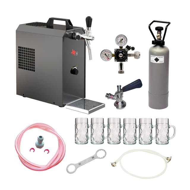 Komplett Set - Zapfanlage JET 30 Bierkoffer, Durchlaufkühler 1-leitig Trockenkühler, bis zu 35 Liter/h, inkl. Biergläser ISAR 0,3 Liter 6 Stk., Zapfkopf:5 Liter Adapter