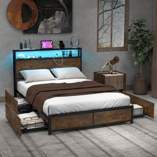 Stauraumbett Mit Led Beleuchtung, Ladestation & 4 Schubladen, Doppelbett Mit Kopfteil & Lattenrost, Industrielles Bett, Metallbett Bettrahmen 200 X 140 Cm - Costway
