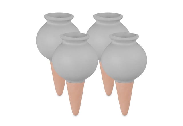 Relaxdays - Tonkegel Bewässerung, 4er Set, je 100 ml Volumen, Gießkugel für Zimmerpflanzen & Balkonkästen, grau/terrakotta