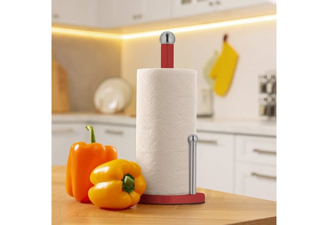 Relaxdays - Küchenrollenhalter stehend, Küchenrollenständer Metall, Rollenhalter mit Abrollstop, HxD 35 x 15cm, rot-silber