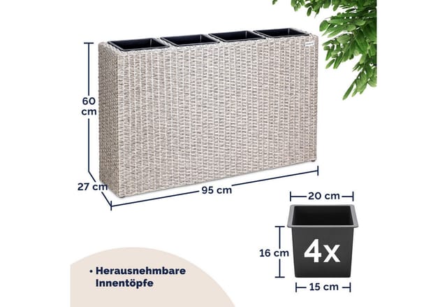 Blumenkasten 4 Innentöpfe Polyrattangeflecht Herausnehmbar Blumentopf Übertopf Pflanzkübel Pflanzkasten creme - Casaria