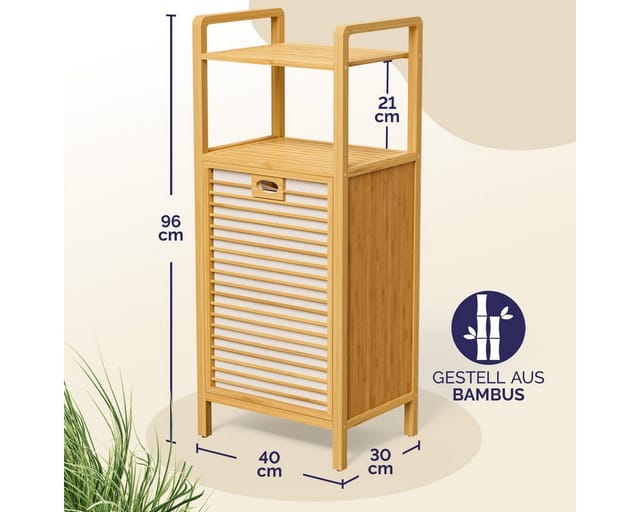 Badregal mit Wäschekorb 36 l Bambus Holz 95x40x30cm Badezimmerregal 2 Ablagen Wäschesammler Wäschebox Regal 1x - Casaria