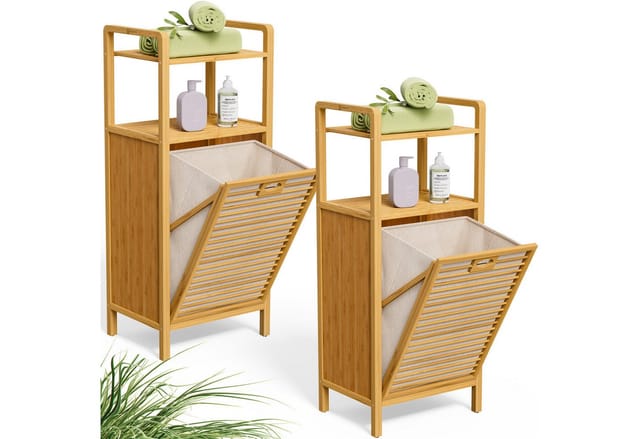 Badregal mit Wäschekorb 36 l Bambus Holz 95x40x30cm Badezimmerregal 2 Ablagen Wäschesammler Wäschebox Regal 2x - Casaria