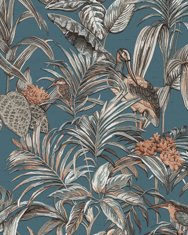 Profhome - Vogel Tapete DE120016-DI heißgeprägte Vliestapete geprägt mit Vogel-Muster glänzend blau petrol silber karamell-braun 5,33 m2